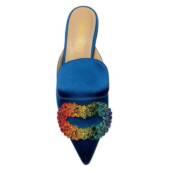 GIANNICO BLUE CRYSTAL EMBELLISHED SATIN MULES - Picture 4 of 9